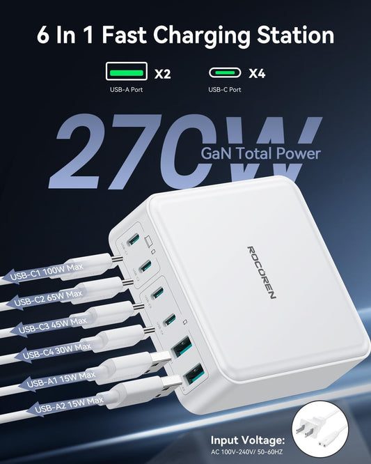 270W USB C Charger Block, Rocoren 6 Port Multi USB-C Charging Station,100W PD Fast USBC Gan Charger Station Hub Dock for Multiple Devices, Laptop Type C for MacBook/iPhone 16/iPad/Galaxy S25