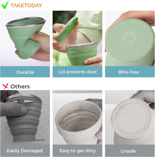 TakeToday Collapsible Travel Cup - Silicone Foldable Water Cup, BPA-Free with Lid & Waterproof Bag - Drinking Cup Set for Office, Camping & International Travel(8 Oz, Green)