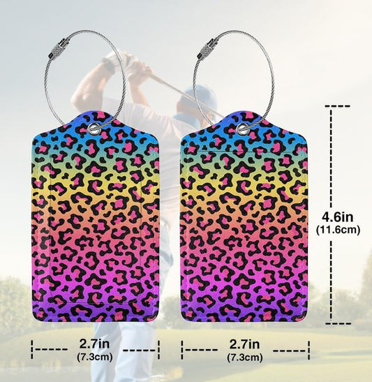 Rainbow Leopard Print 2 Pack Luggage Tags for suitcases Cute Color Leopard Luggage Tag, Leather Stainless Steel Loop Label Tag for Men Women Travel Bag Suitcase(Leopard)