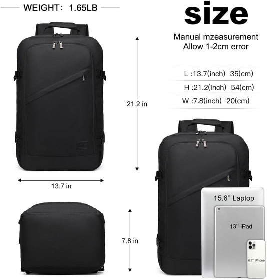 Kono Carry on Backpack, 22" Airplane Approved Travel Backpack for Men and Women, Waterproof Lightweight Daypack for Flight 40L (Black, Large)