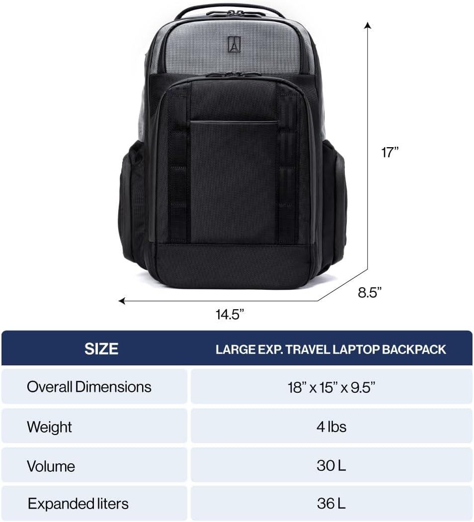 Travelpro Altitude Large Expandable Travel Laptop Backpack 30-36L, 16 Inch Laptop, Water Resistant, Work, Business, Men and Women, Jet Black