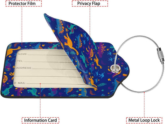 Funny Dinosaurs and Trees 2 Pack Luggage Tag for Suitcase, Leather Bag Tags Identifiers Privacy Cover ID Label with Steel Loop for Women Men Kids Girls Travel