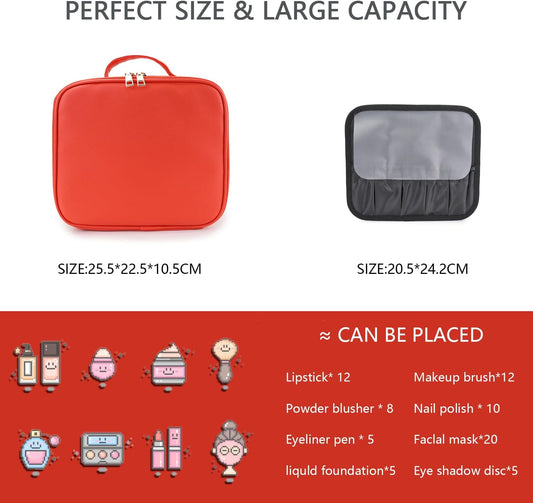 Makeup Bag with Led Mirror,Travel Makeup Organizer with 3 Color Setting & 10X Magnifying Mirror, Portable Storage and Adjustable Dividers Travel Makeup Bag-red