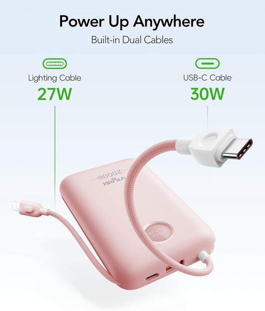 Power Bank 20000mAh 30W Fast Charging Portable Charger with Built-in Cables & LED Display, USB C Battery Pack for iPhone 16/15/14, Samsung, iPad and Android Phones, Ideal for Travel -Light Pink