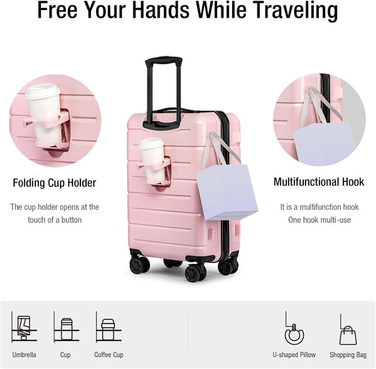 KYME Pink Hardside Carry On Luggage 22x14x9 Airline Approved with TSA Lock Hardshell Carry-On Suitcase with Wheels Travel Rolling 22 inch Luggage with Cup Holder for Women