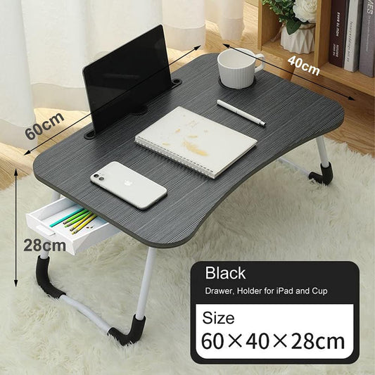 Home Office Lap Desk with Storage Drawer, Cup and Phone Holder, Laptop Bed Tray Table, 23.6" Foldable Desk, Laptop Stand for Breakfast, Working, Writing, Gaming and Drawing