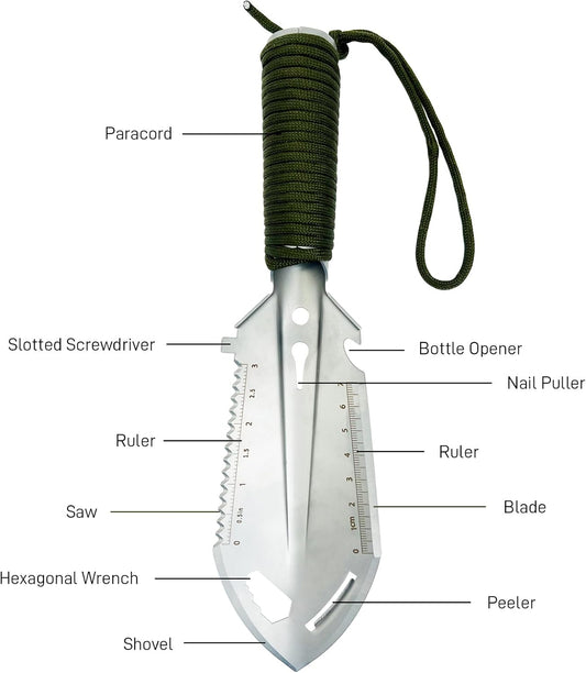 Small Camping Shovel, 9 in 1 Mini Hand Shovel, Portable Backpacking Trowel, Ultralight Compact Multitool for Camping, Gardening, Outdoor Survival, Silver
