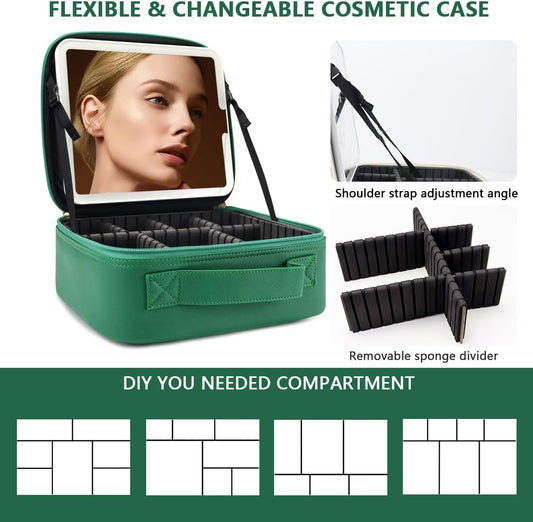 Travel Makeup Bag,with Mirror 3 Color Setting and Detachable 10x Magnifying Mirror Travel Makeup Bag,Portable Storage and Adjustable Dividers(Dark green)