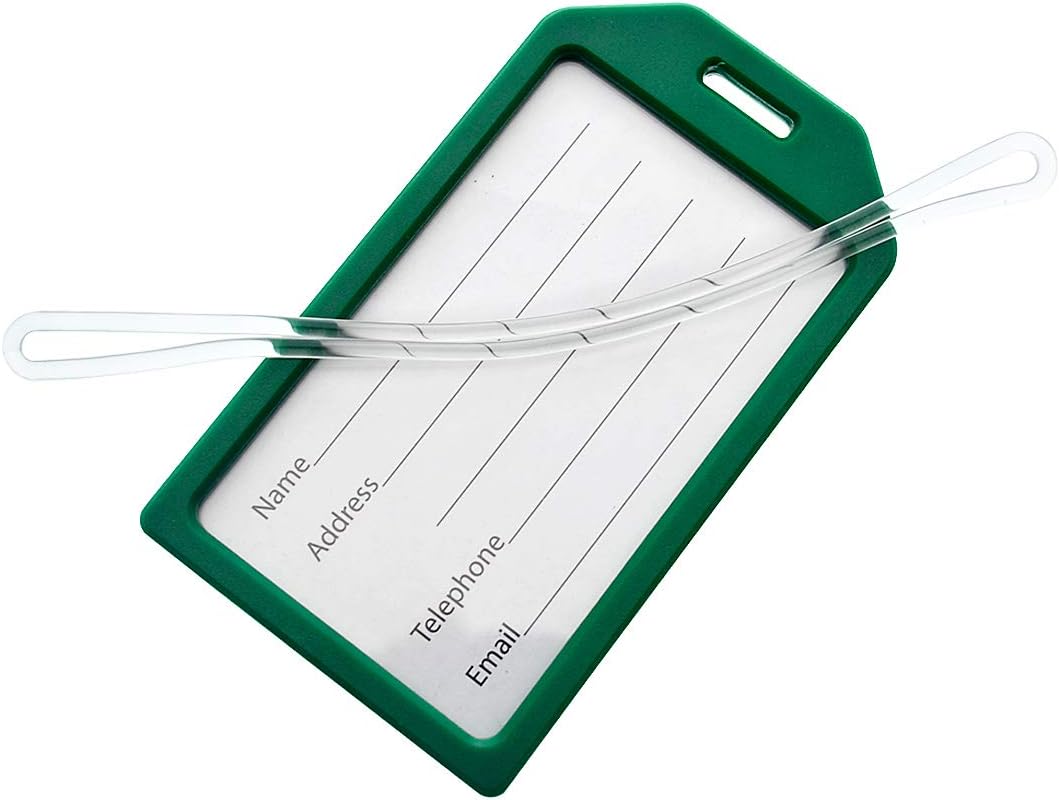 5 Pack - Premium Rigid Airline Luggage Tag Holders with 6" Worm Loops - Heavy Duty Hard Plastic -Suitcase ID Tag Identifiers with Business Card Insert Window by Specialist ID (Green)