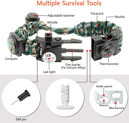 20 in 1 Survival Paracord Bracelet Adjustable Gear Kit with SOS LED Light, Fire Starter, Bigger Compass, Survival Whistle, Perfect for Camping, Hiking, Fishing