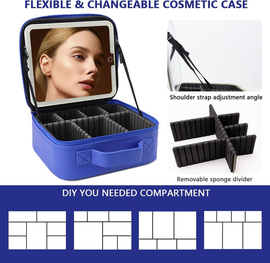 Travel Makeup Bag with LED Lighted Mirror, Travel Makeup Organizer,3 Color Setting Cosmetic Makeup Box, Adjustable Dividers and Brush Holder(dark blue)