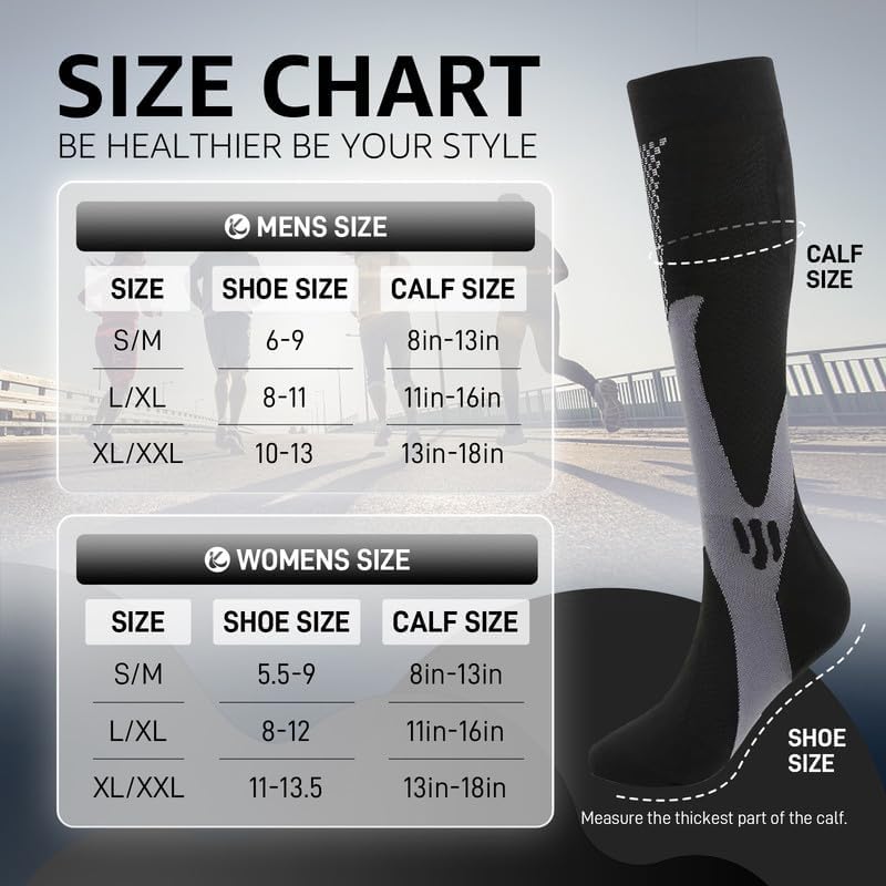 Kickticks 4 Pairs Compression Socks for Woman & Man Unisex 20-30mmHg Knee high Plus Size Wide Calves for Flying Running…