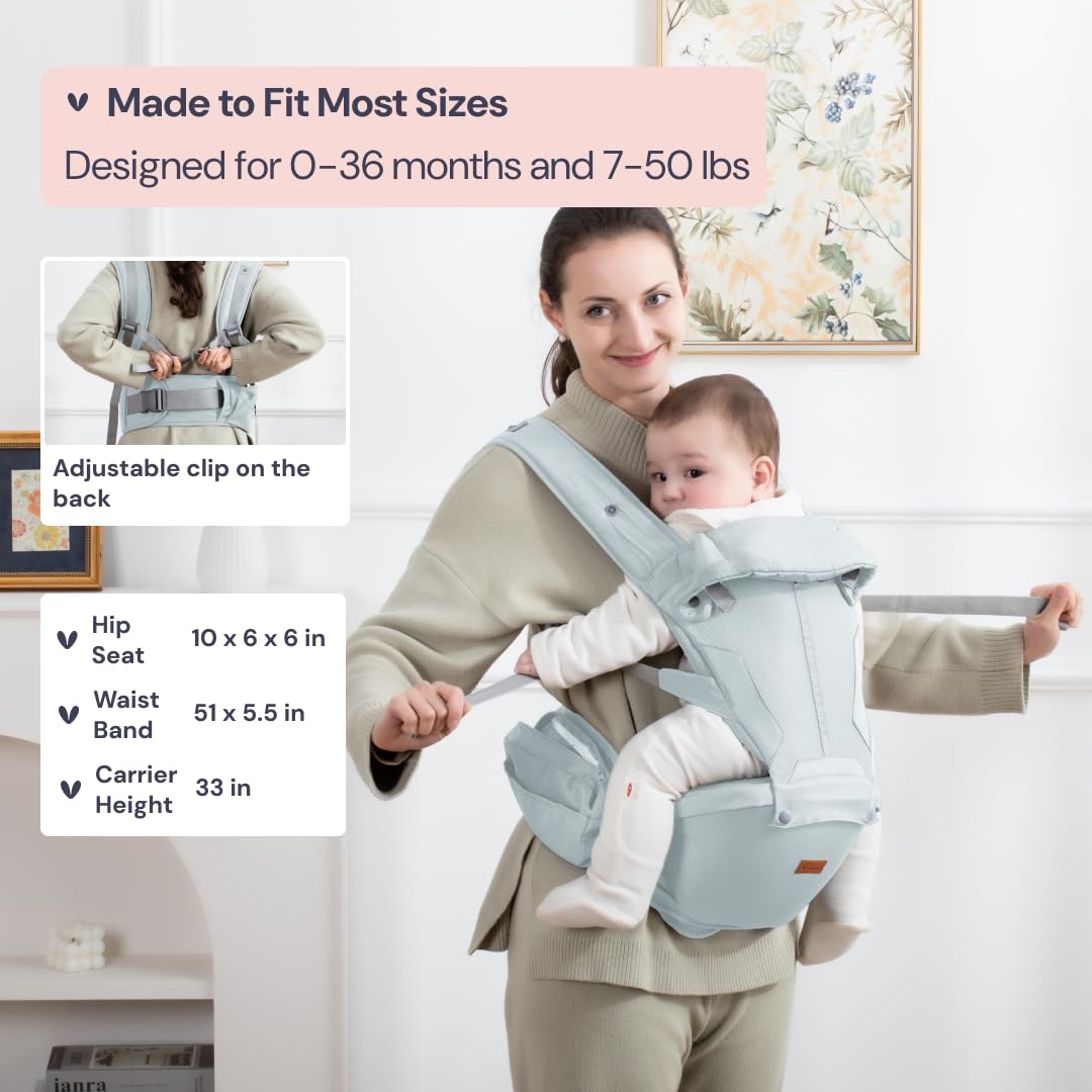 BabbleRoo Grow Carrier – 6-in-1 Baby Carrier with Hip Seat, Ergonomic, Cozy & Adjustable Toddler Carrier 7-50 lbs with Hip & Lumbar Support, Hood for Sun Protection, Newborn to Toddler, Seafoam