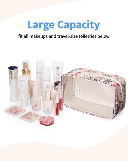 Narwey Clear Toiletry Bags for Traveling Women Men, Clear Travel Bags for Toiletries Makeup Bag Cosmetic Bag with Zipper, Make Up Organizer, Skincare Bag (Beige Flamingo)