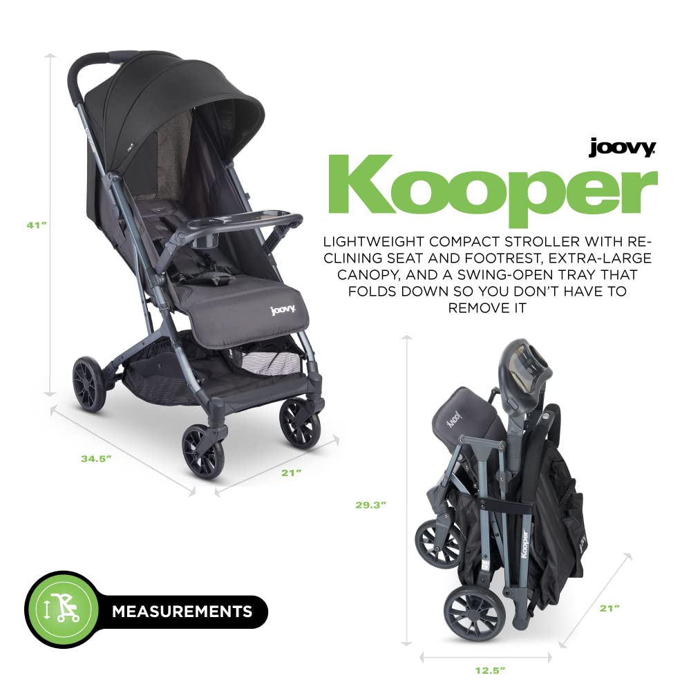 Joovy Kooper Lightweight Baby Stroller Featuring Removable, Swing-Open Tray, Big Wheels, Reclining Seat with Footrest, Extra-Large Retractable Canopy, and Compact Fold (Forged Iron)