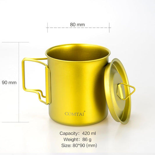Titanium Camping Pot Mug 15oz (420ml) with Lid and Foldable Handle – Ultralight Camping Cup for Hiking, Backpacking, Outdoor Cooking, Yellow