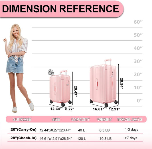 Krute Luggage Sets 2 Piece Suitcase PC+ABS Hardside Double Spinner Wheels TSA Lock Carry On Luggage 20+28 Inch (Pink)
