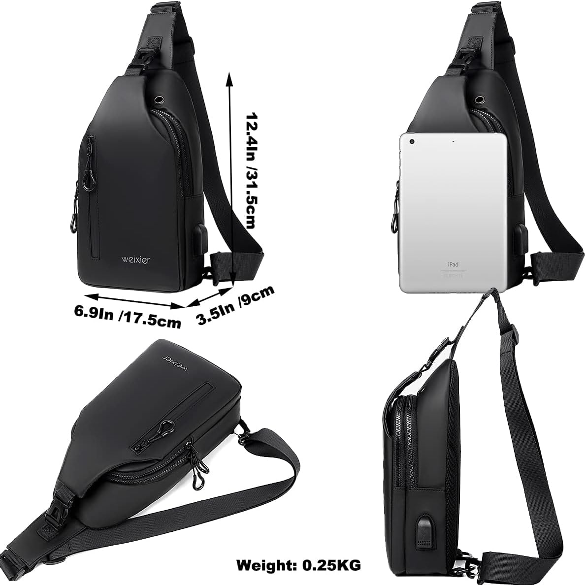 Waterproof Sling Bags Mens Shoulder Crossbody Backpack with USB Charging Port& Headphone,Outdoor Lightweight Bag