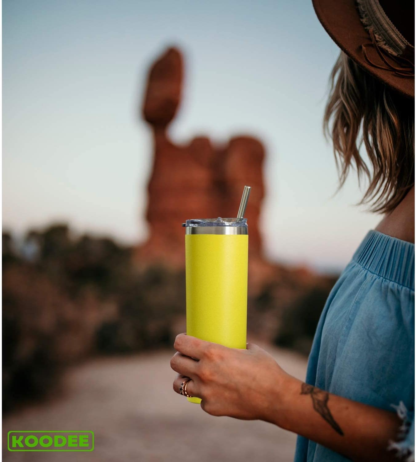 Koodee 20 oz Skinny Tumbler - Stainless Steel Double Wall Insulated Slim Water Cup With Straw and Lids (Yellow)