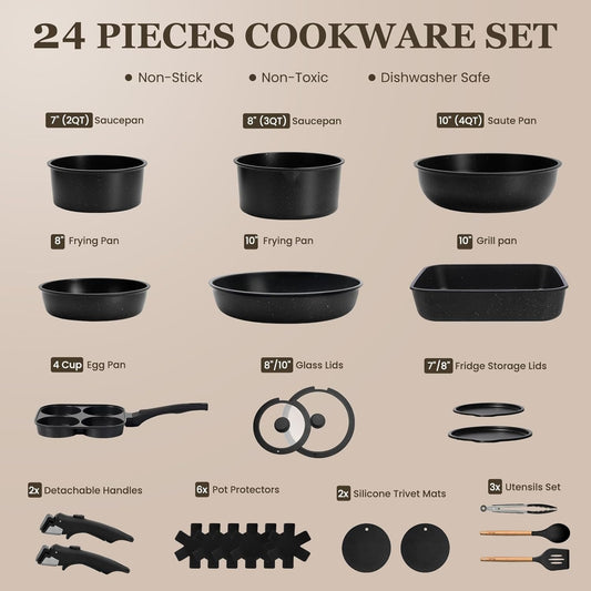 KIKCOIN 24 Pack Pots and Pans Set Non Stick, Detachable Handle Cookware Set, Induction RV Kitchen Cooking Set with Removable Handle, Frying Pans, Egg Pan - Dishwasher/Oven Safe, PFOA Free