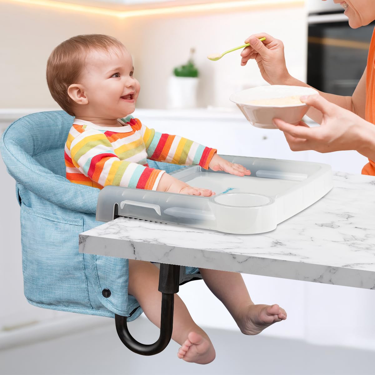 Hook On Chair with Removable Dining Tray,Portable Hook-On Chairs with Storage Bag,for Home and Travel(Sky Blue)