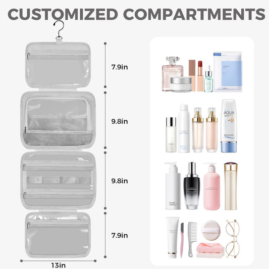 Toiletry Bag For women,Portable Hanging Organizer,4 Leakproof Compartment for full-sized Conditioner, Brushes Set, Makeup Accessories,Visible and easy to access.L-grey