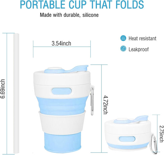 Silicone Collapsible Travel Mug Blue 15oz / 450ml - Leak-Proof Reusable Silicone Water Bottle for Hot and Cold Beverages - Travel Office and Home - Dishwasher Safe - Straw Included