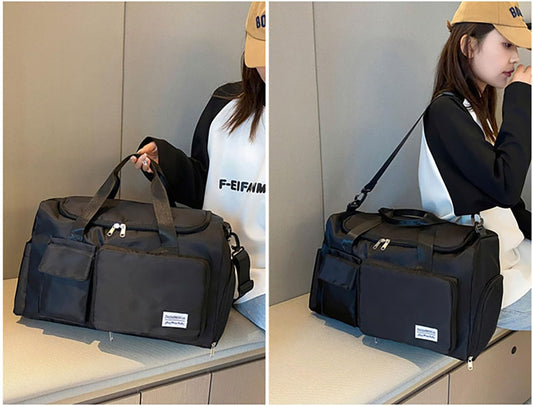 Multipurpose 20L Foldable Duffel Bag Gym Yoga Bag Carry-On Shopping Sack Travel Organizer Cabin Bag Sundry Package Wet&Dry Compartment (Black)