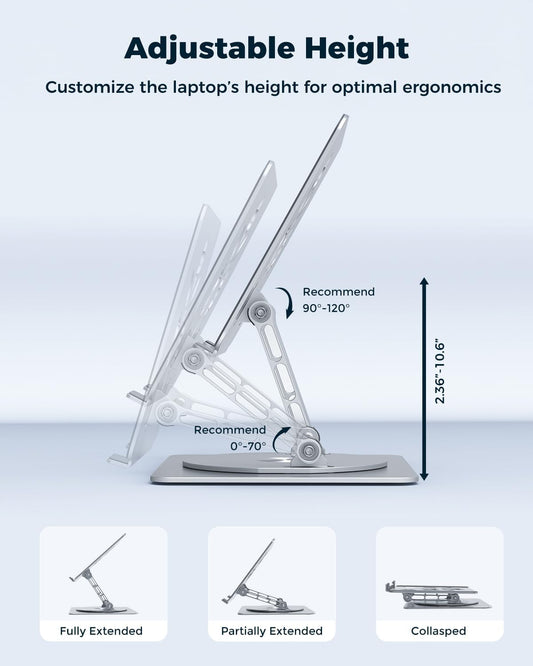 Adjustable Laptop Stand for Desk - Portable Laptop Riser with Rotating Base, Foldable Aluminum Computer Stand, Ergonomic Laptop Holder for MacBook Pro/Air Dell HP Lenovo Notebook up to 16" (Silver)