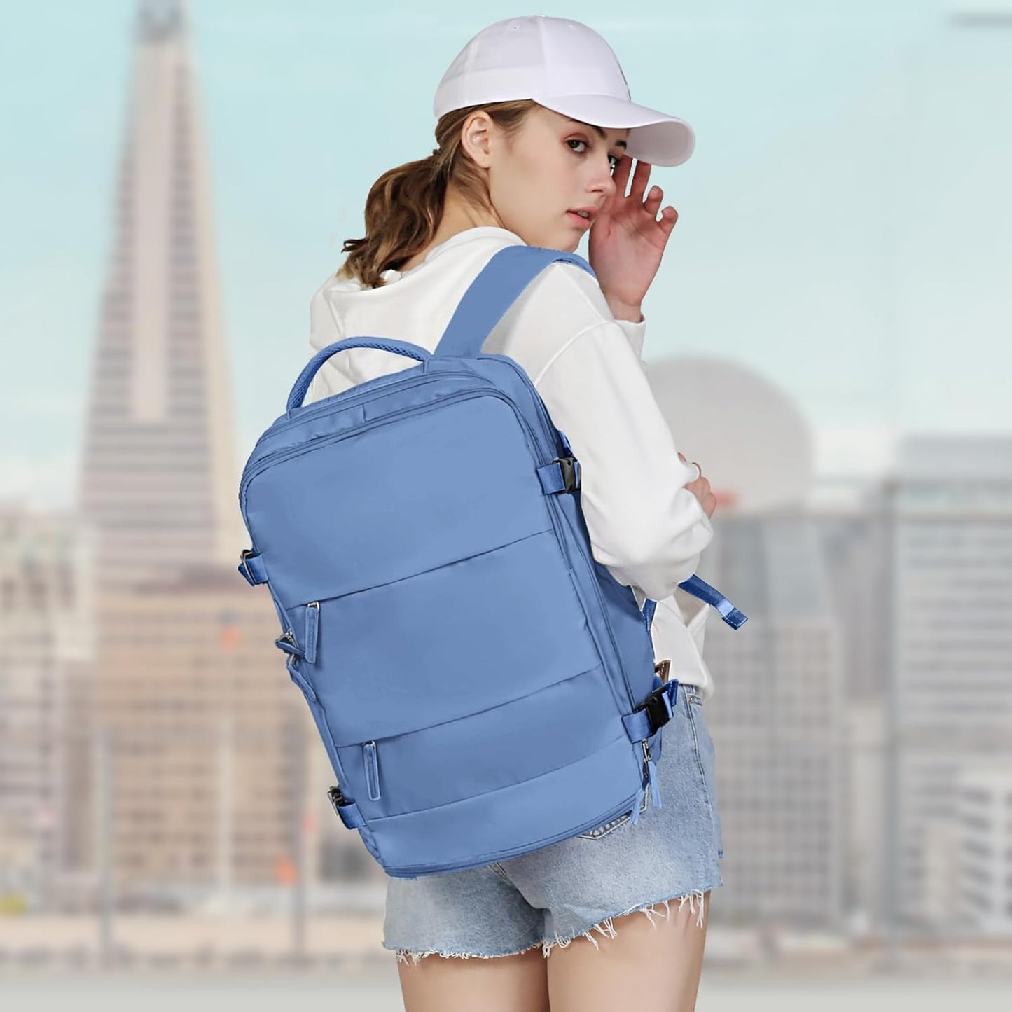 coowoz Large Travel Backpack For Women Men,Carry On Backpack Flight Approved,Hiking Backpack Outdoor Rucksack Casual Daypack Fit 15.6 Inch Laptop Shoes Compartment (Sky Blue L)