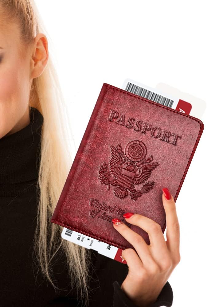 Passport and Vaccine Card Holder Combo with Vaccine Card Slot, Passport Wallet/ Cover/Case/Holder for Women and Men(AC-Wine red)