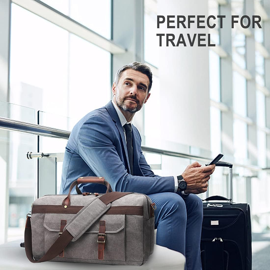 Duffle Bag for Men Waterproof Genuine Leather Canvas Travel Duffel Bags for Women Overnight Weekender Bag for Traveling