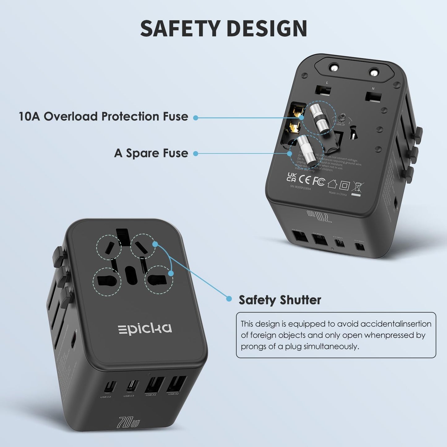 EPICKA Universal Travel Adapter, GaN International Plug Adapter with 3 USB-C 70W PD Fast Charging & 2 USB-A Adaptor All-in-one Wall Charger for USA EU UK AUS (TA-105 Pro, Black)