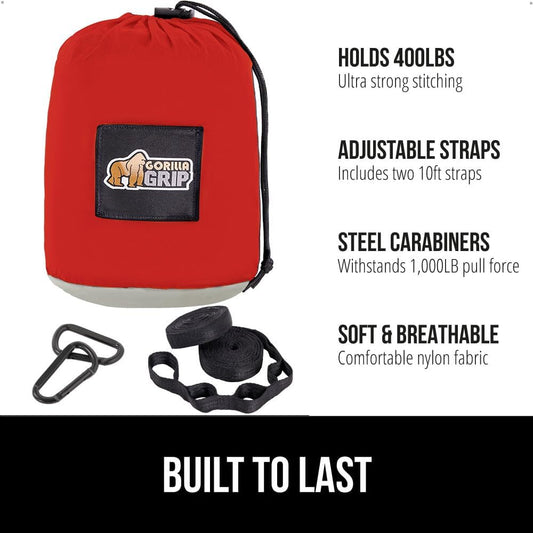 GORILLA GRIP Durable Portable Camping Hammock, Holds 400lbs with Heavy Duty Tree Straps, Comfortable Travel Swing, Camp Hammocks, Easy to Use and Install, Outdoor Essentials, Red, 9x4.5 FT