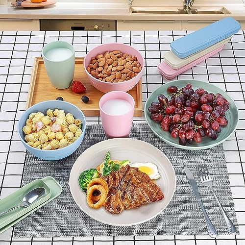 28PCS Wheat Straw Dinnerware Sets for 4, Kitchen Wheat Straw Plates and Bowls Sets, College Dorm Dinnerware Dishes Set for 4 with Cutlery Set (Black)