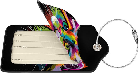 Cat Leather Luggage Tag with Stainless Steel Ring, Fun Name Id Card Cover Travel Bag Tag Set, Suitable for Travel Bag Luggage Women Men 1 PCS