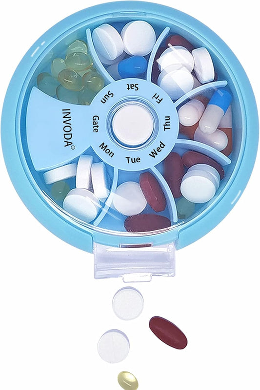 INVODA Weekly Pill Organizer 7 Compartment Rotating Pill Box for Daily Medication & Vitamins - Portable Travel Pill Case Fish Oil Supplements Vitamins Organizer (Sky Blue)