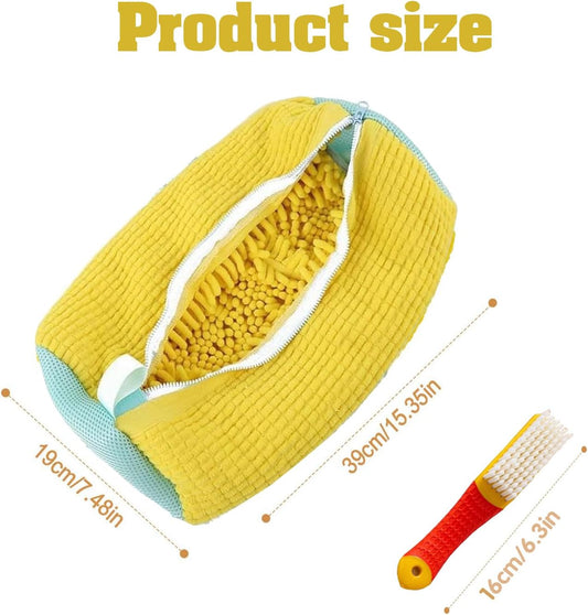 Shoe Washing Machine Bag 2PCS,Laundry Shoe Bag For Washer And Dryer,Reusable Shoe Cleaning Bag for All Shoe Types And Sizes,360°Wrap-around Shoe Washing Bag with One Shoe Brush(Yellow & Blue)