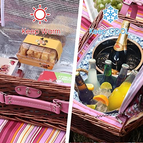 Wicker Picnic Basket for 4 with Waterproof Picnic Blanket and Insulated Cooler, Willow Hamper for Camping, Outdoors, Photoshoot, or a Birthday, Valentine’s Day, Wedding Gift, Pink