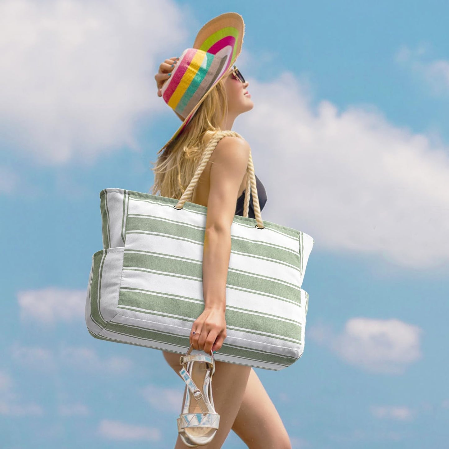 Becokan Beach Bags for Women Large Waterproof Beach Tote Bag Zipper Beach Bags Waterproof Sandproof Swim Pool Bag Large Tote