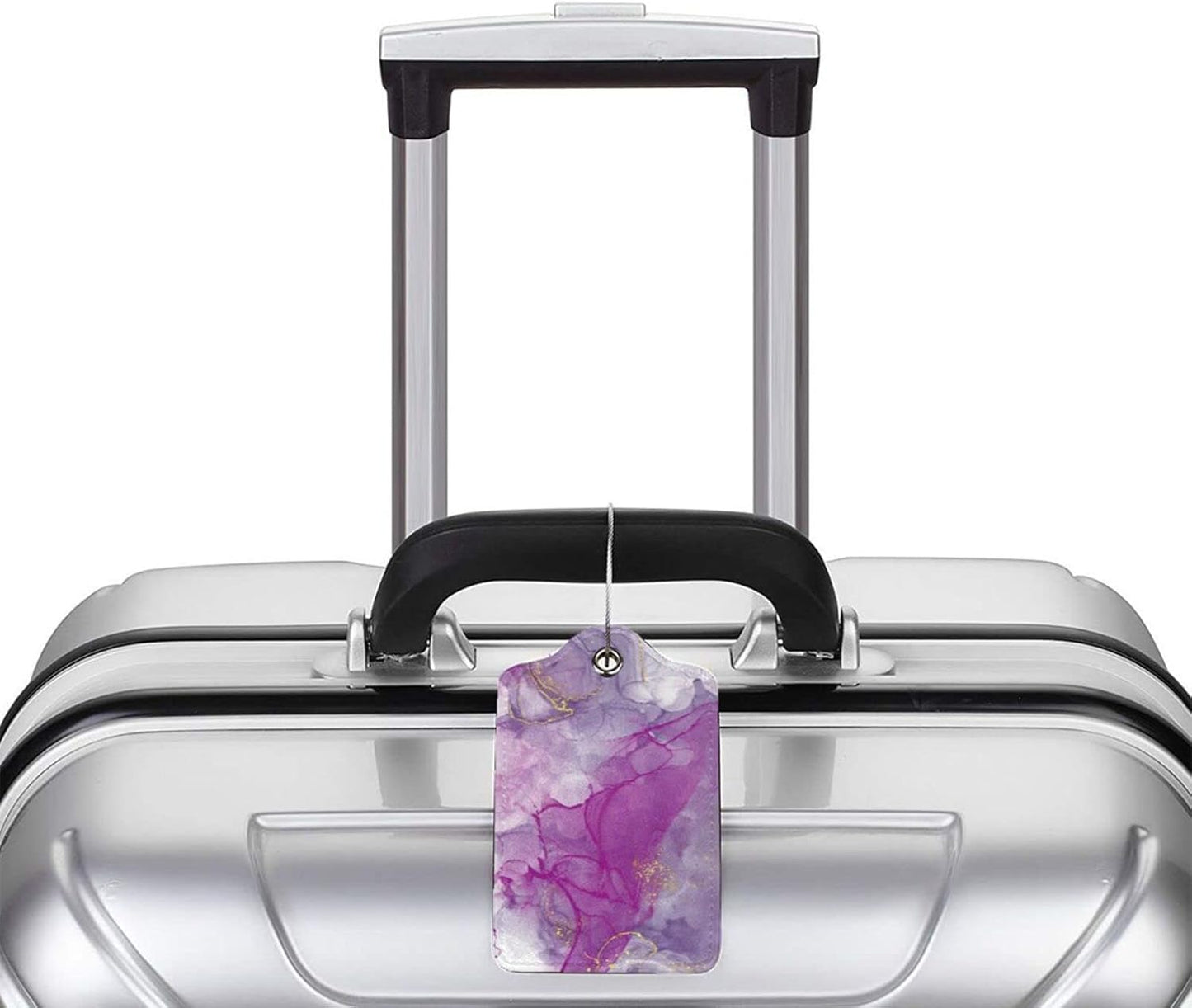 2 Pack Abstract Purple Luggage Tag for Suitcases Women, Art Painting Violet and Gold Marble PU Leather Airport Travel Bag Tags for Cruise Ships, Baggage Name Tags with with Full Back Privacy Cover