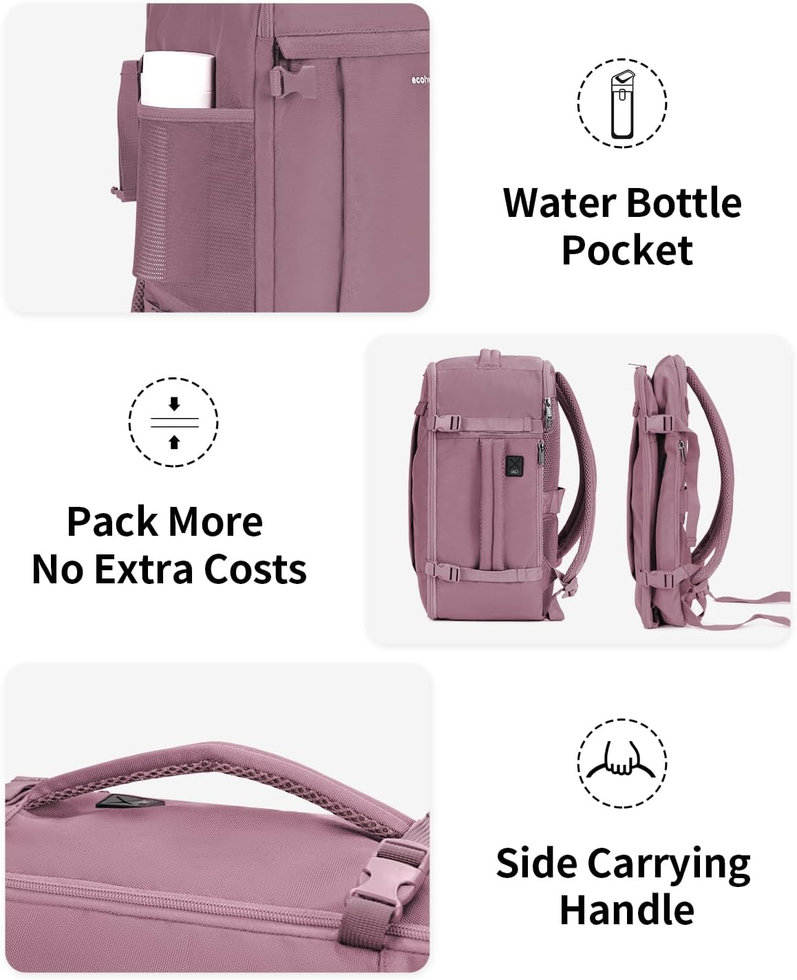 ECOHUB Travel Backpack for Women, Carry on Backpack with USB Charging Hole, Spirit Airlines Personal Item Bag Flight Approved, 15.6 Inch Laptop Backpack with Anti Theft Pockets, 30L, Pink