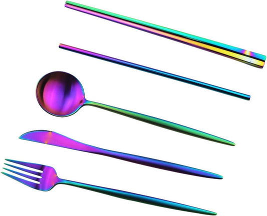 Gugrida Luxury Rainbow Matte Portable 18/10 Stainless Steel Travel Flatware Sets of 7 Portable Camping Cutlery Set, Healthy & Eco-Friendly Flatware Set with Carrying Case for Travel or Camping