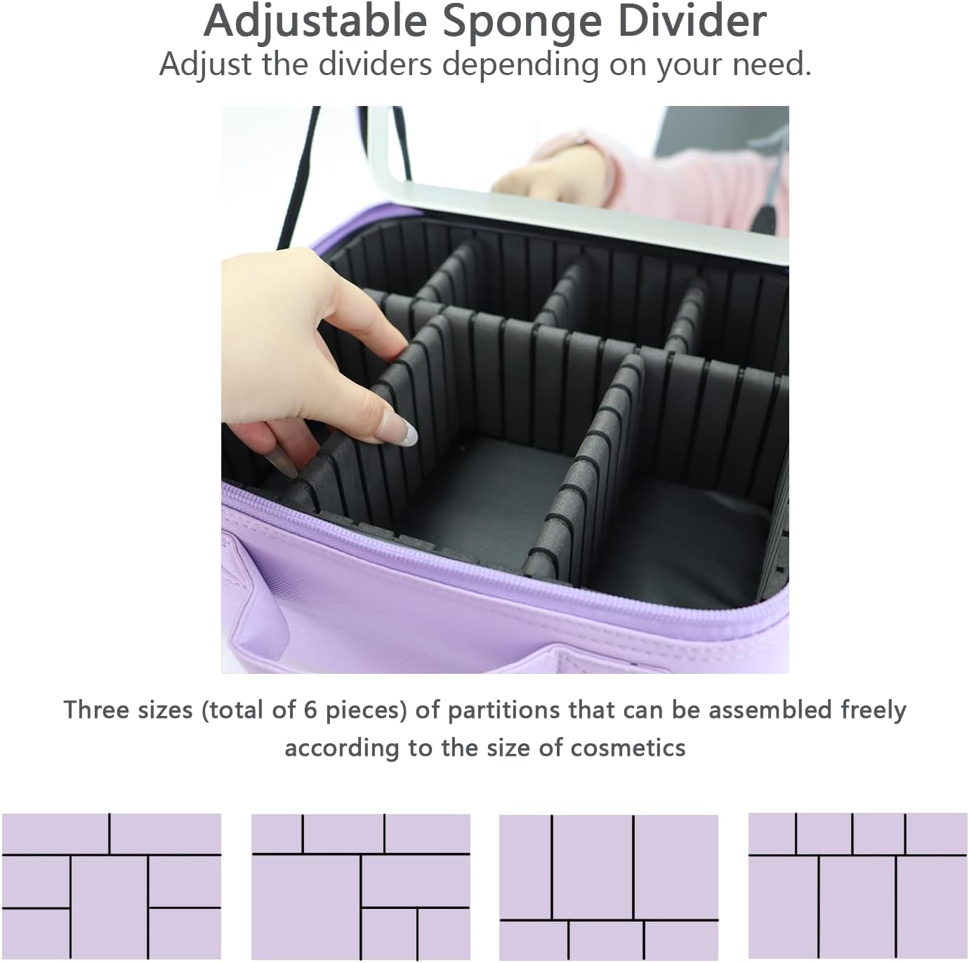 Makeup Bag with Led Mirror,Travel Makeup Organizer with 3 Color Setting & 10X Magnifying Mirror, Portable Storage and Adjustable Dividers Travel Makeup Bag-Purple