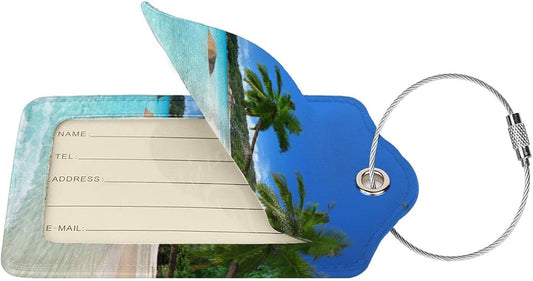 2Pcs Tropical Palm Trees Luggage Tags with Beach Landscape, Beautiful Identifier Labels with Blue Sky Background for Suitcase Baggage Bag, Travel Tags with Privacy Cover Id Card Stainless Steel Loop