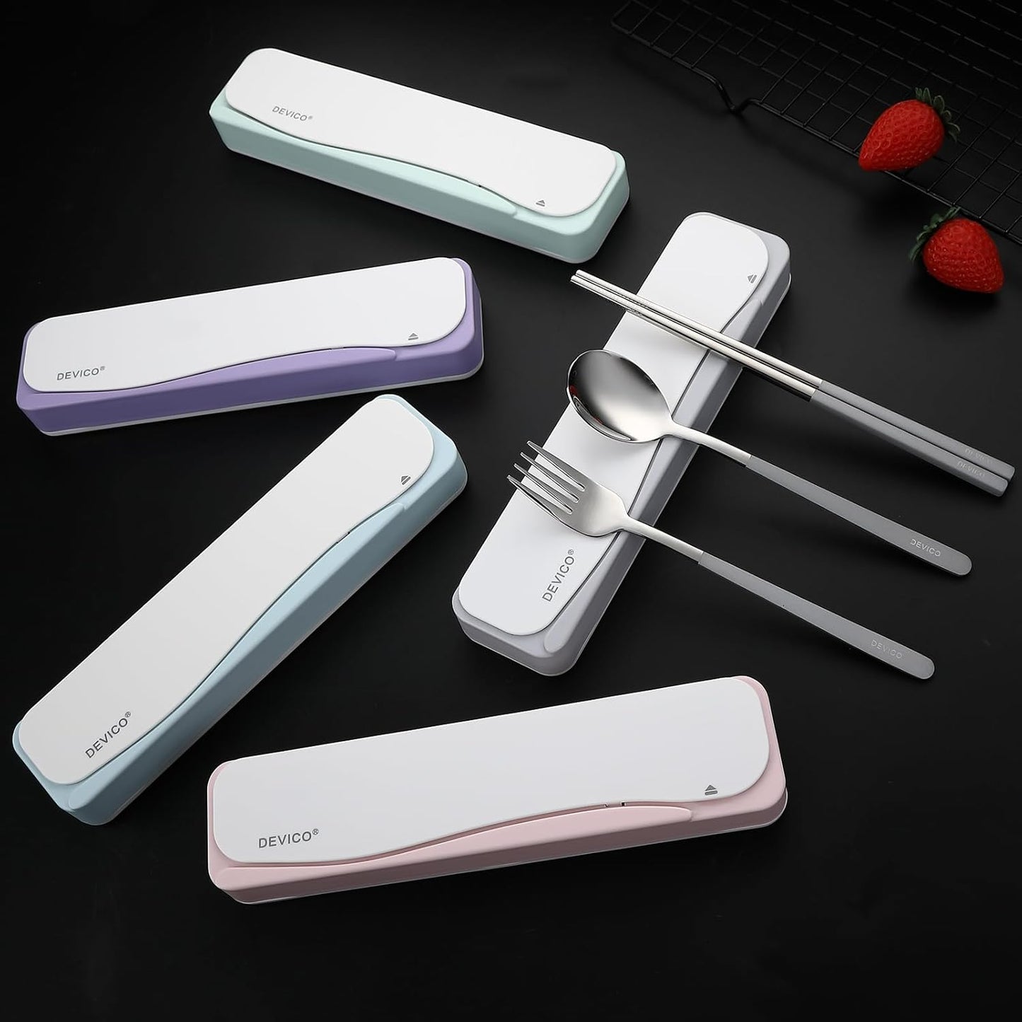 DEVICO Travel Utensils With Case, 18/8 Stainless Steel Camping Utensils, Reusable Portable Silverware Cutlery Set For Lunch Box, Include Fork Spoon Chopsticks