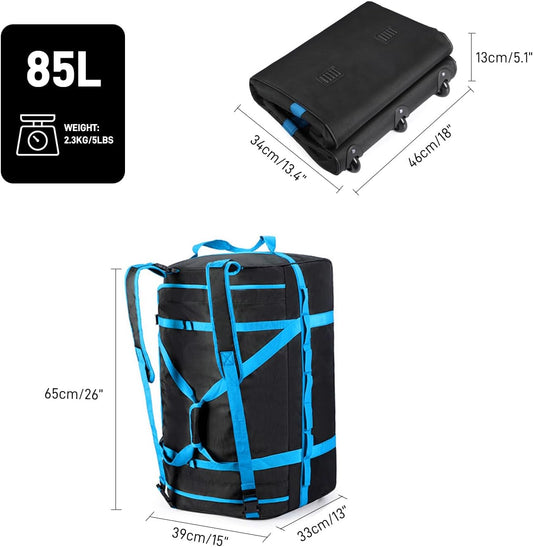 Foldable Rolling Duffle Bag with Wheels, 85L Extra Large Wheeled Travel Duffel, Waterproof Collapsible Weekender Luggage with Rollers for Storage Camping Sports Outdoor, Blue