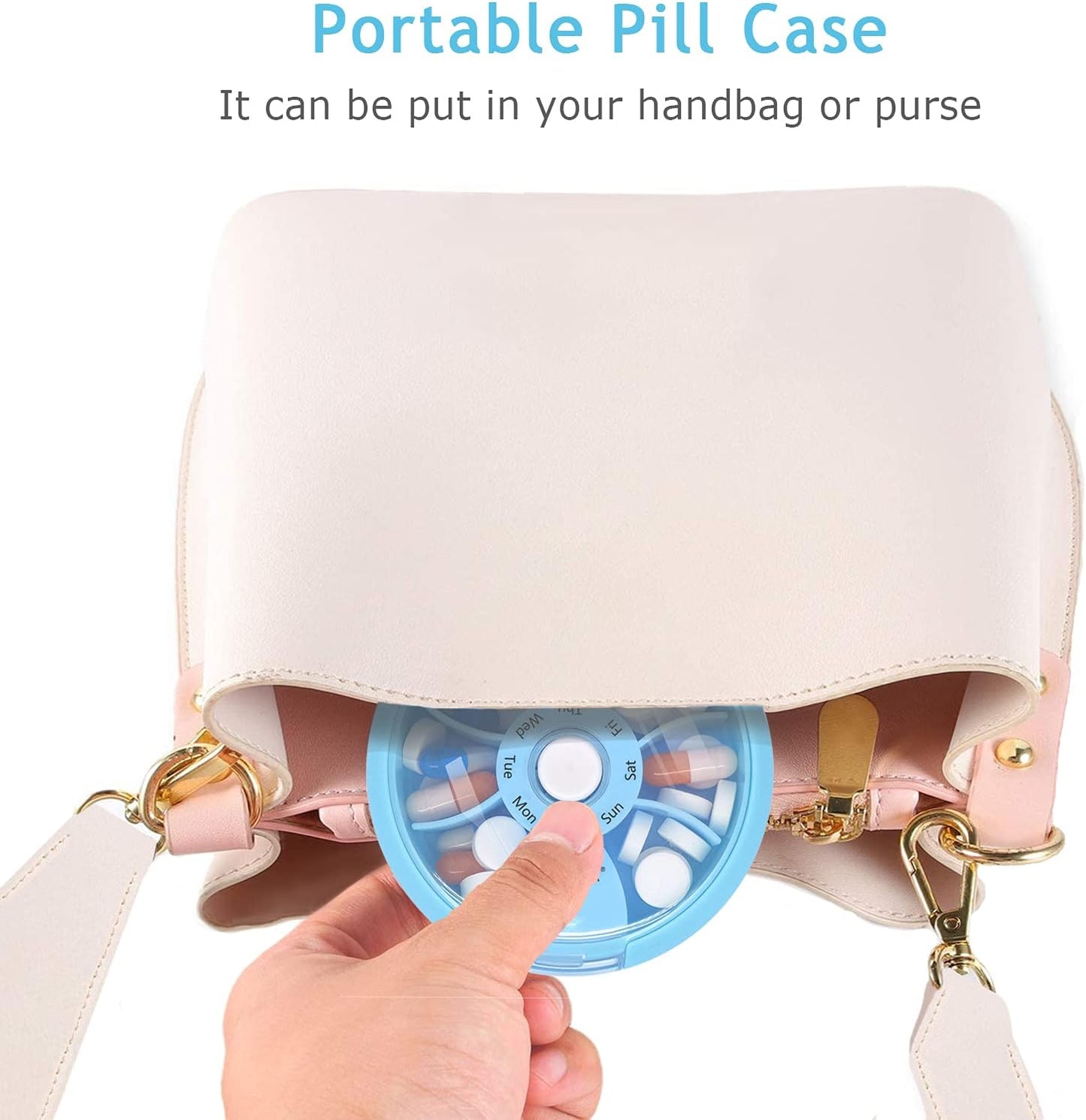 INVODA Weekly Pill Organizer 7 Compartment Rotating Pill Box for Daily Medication & Vitamins - Portable Travel Pill Case Fish Oil Supplements Vitamins Organizer (Blue+Bag)