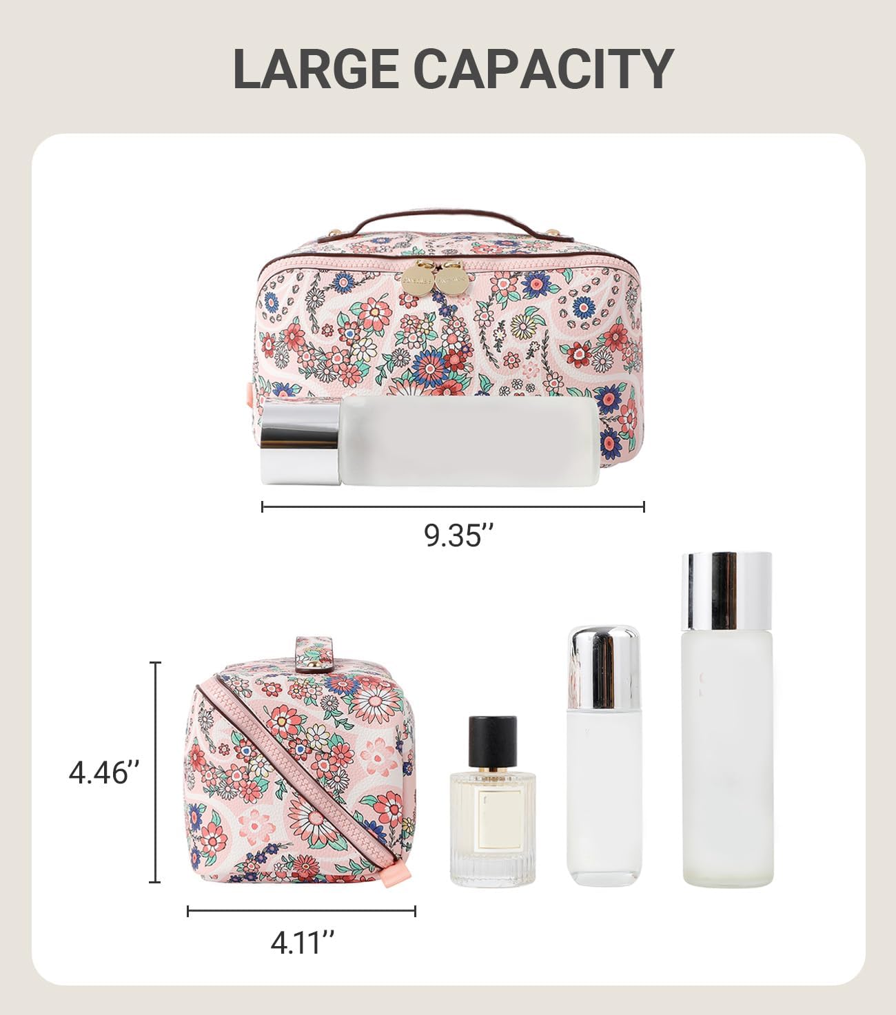 Aveniee Travel Makeup Bag for Women, Large Cosmetic Organizer with Open-Flat Design, Clear Divider & Handle - Waterproof PU Leather Toiletry Case (Floral Pattern)