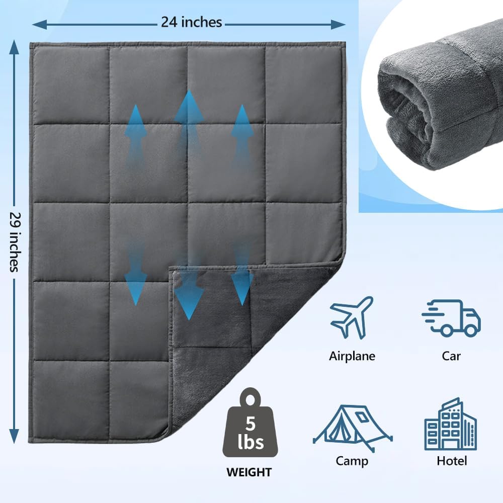 L'AGRATY Weighted Lap Blanket 5lb: Small Weighted Blanket for Adults Portable Travel - Cooling Pad for Relaxation Sleeping - Cozy Washable All-Season (29" x 24")